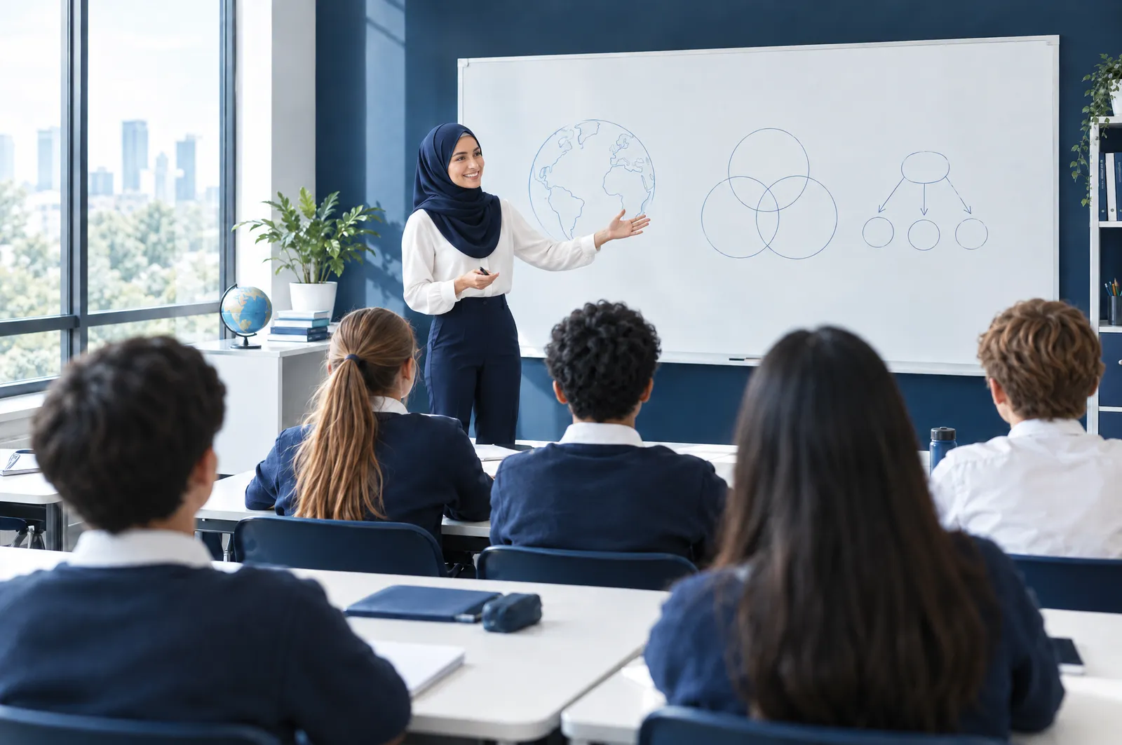 A teacher in a navy hijab leading a lesson in a modern classroom