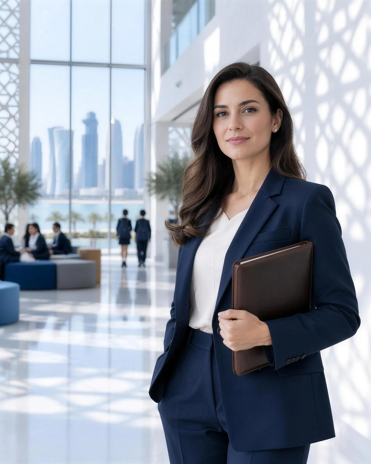 A teacher in a navy blazer standing in a bright school atrium in Doha
