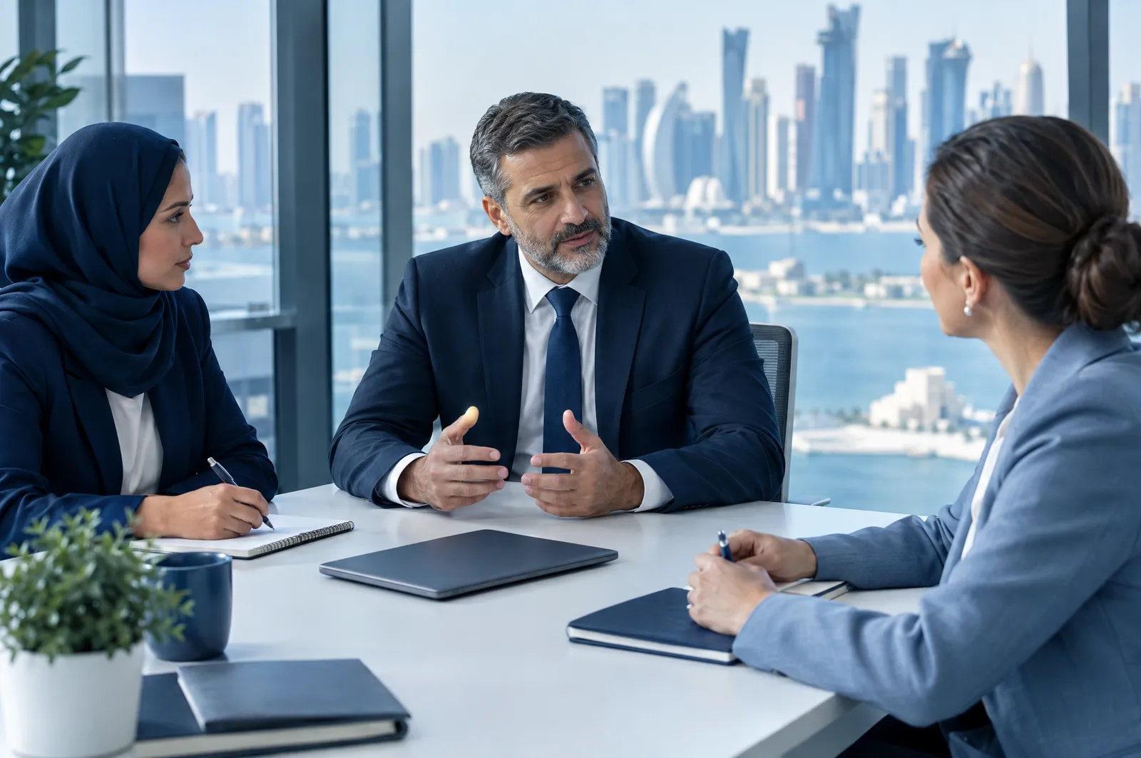 School leaders in discussion around a table in a glass-walled office
