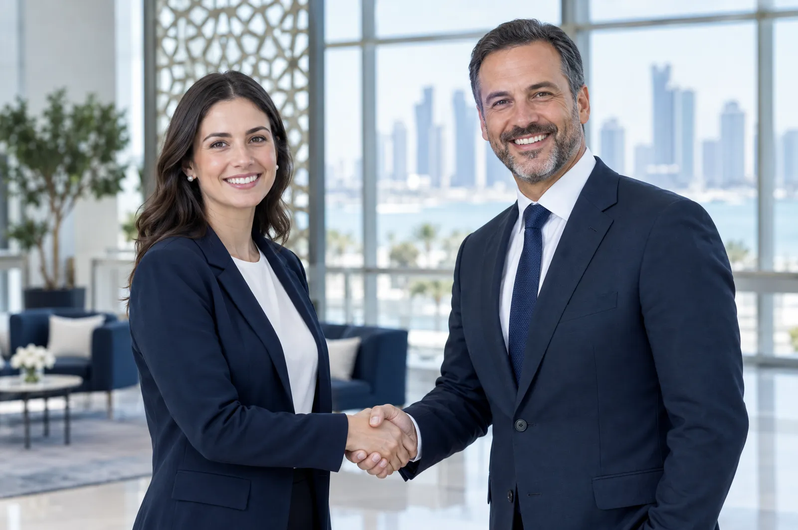 A recruitment consultant and a school principal shaking hands in a school reception