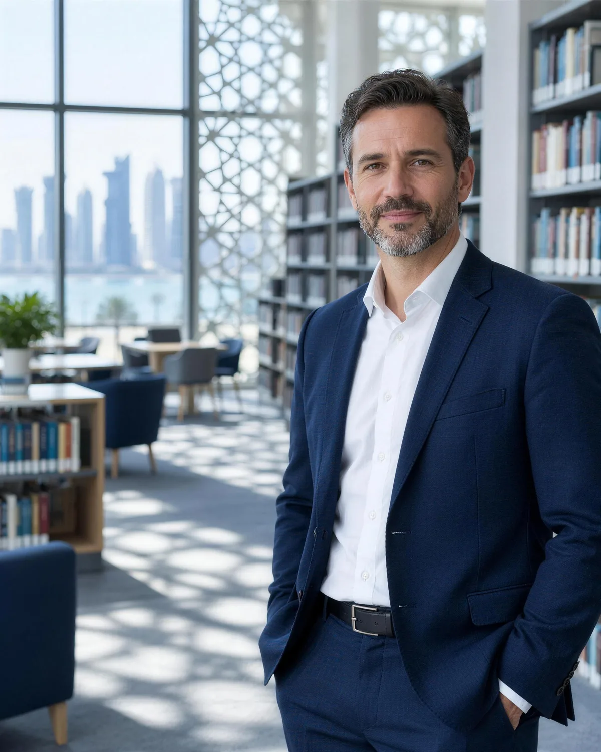 A senior teacher standing in a light-filled school library